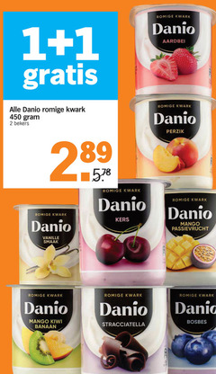  danone danio kwark 1 2 450 romige aardbei bekers perzik vanille kers mango passievrucht kiwi banaan stracciatella bosbes 