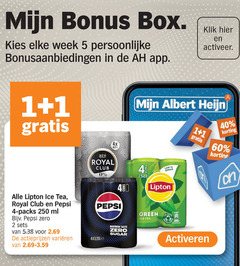  pepsi lipton ice tea cola 1 2 4 5 40 60 250 box week bonusaanbiedingen klik activeer albert pack sugar royal club suiker 4x 0.25 l ml zero varieeren taste green activeren 