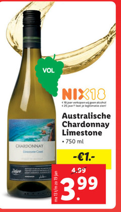  witte wijn 13 18 19 25 750 chardonnay limestone coast jan jaar alcohol legitimatie australische ml 3.99 