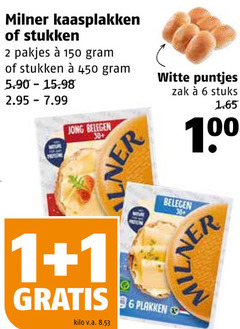  milner kaas kaasplakken 1 2 6 100 150 450 stukken jong belegen 30 witte puntjes zak stuks kilo v.a. 