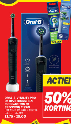  braun oral-b opzetborstel electrische tandenborstel 3 4 50 100 oral b cleaning modes cross action pro precision clean technology best for whole mouth pack sensitive mode sensitiv modus 1x4 removal timer inside rechargeable toothbrush elektrische vitality opzetborstels crossaction stuk pak stuks 23 99 11 19 00 removes up to 