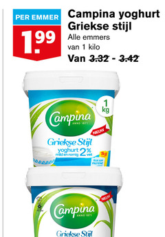  campina yoghurt 1 2 99 emmer griekse stijl emmers kilo anno 1kg mild romig vet 