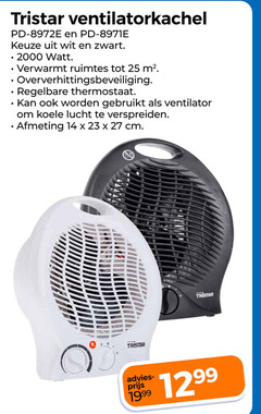  tristar ventilatorkachel 14 23 25 27 wit zwart watt verwarmt ruimtes oververhittingsbeveiliging regelbare thermostaat ventilator koele lucht verspreiden cm 