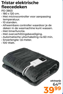  elektrische deken 10 60 100 120 180 tristar fleecedeken cm temperatuur standen afneembare controller wasmachine wassen timerfunctie oververhittingsbeveiliging automatische uitschakeling min snoerlengte 1 6 meter watt 