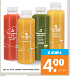  albert heijn huismerk fruitsmoothie vruchtensap 2 500 vers geperst sap sinaasappel aardbei geperste smoothie mango banaan appel avocado spinazie maracuja nutri score verse sappen smoothies ml stuks 00 