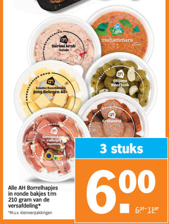  tapas 3 210 dips surimi krab salade terra muhammara plantaardig hapjes goudse kaasblokjes jong belegen 48 gevuld serranoham rolletjes roomkaas core olijven knoflook grillworst borrelhapjes ronde bakjes versafdeling m.u.v kleinverpakkingen hut score stuks 00 6 