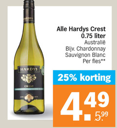  witte wijn 25 hardys crest sauvignon liter chardonnay blanc fles 5.99 