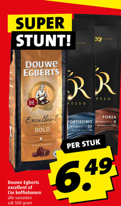  douwe egberts l or koffiebonen 10 19 100 500 super excellent arabica gold spicy exciting rijk complex zak forza fortissimo intensity intense fiery stuk 