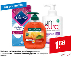  palmolive libresse unicura inlegkruisjes maandverband handzeep 22 dailies fresh liners new improved formula hygiene uni cura savon mains nr.1 nederland family gel protection les wasgel handen bescherming bacterien anti ml enkelpakken stuk 