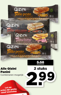 2 299 qizini pollo pesto panini chicken   cheese   green piccante chi ken heises qzini prosciutto qjzini ham tomato tapenade tempoal tempo 180ge prego alle combineren mogelijk let op   acties zijn geldig vanaf woensdag 5.58 stuks 