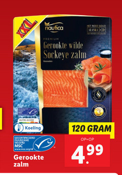  gerookte zalmfilet 120 nautica premium wilde zalm gesneden rode goud alaska nutri score koeling gecertificeerd duurzame visserij www.msc.org nl 