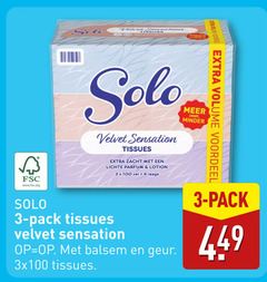  solo tissues 3 4 100 volume voordeel fsc www.fsc.org velvet sensation zacht lichte parfum lotion 3x vel minder pack balsem geur 