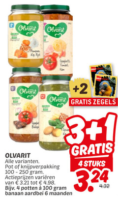  olvarit babyvoeding 1 3 4 6 100 250 kip spaghetti tomaten ham pot knijpverpakking varieeren 2 zegels potten banaan aardbei maanden stuks 