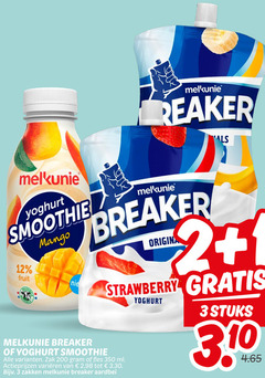  breaker melkunie drinkyoghurt zuivelsnack 1 2 3 12 200 350 yoghurt smoothie fruit mango origina strawberry zak fles ml varieeren zakken aardbei stuks 