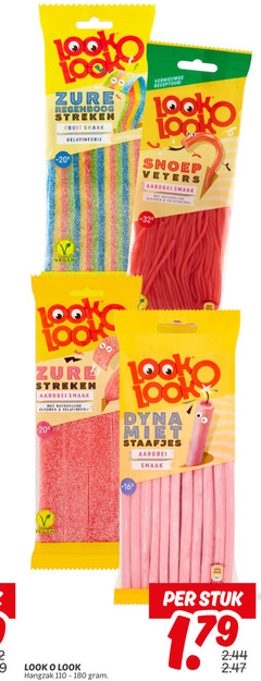  look-o-look snoep 180 zure regenboog fruit gelatinevrij 20x veters aardbei natuurlijke kleuren staafjes 16x hangzak stuk 