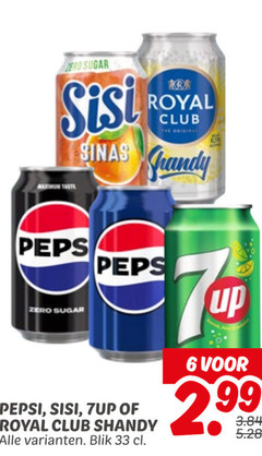  sisi 7-up royal club pepsi cola frisdrank 6 33 zero sugar sinas handy shandy blik up 2 99 