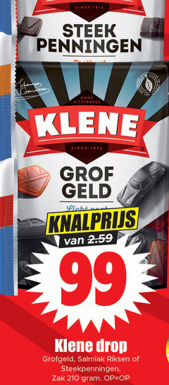  klene drop 99 210 1876 steek uitvinders stoffer grof geld grofgeld salmiak steekpenningen zak 