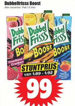  dubbelfrisss fruitdrank 99 boost pak liter vleugje zuivel fris dubbel framboos cranberry appel frisss ananas verfrissend boordevol 