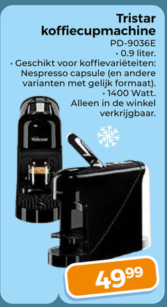  tristar nespresso apparaten liter capsule formaat watt 