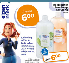  trekpleister huismerk handzeep 1 4 merk 6 navulling liter vul navulverpakking beter amandel milieu soft care 