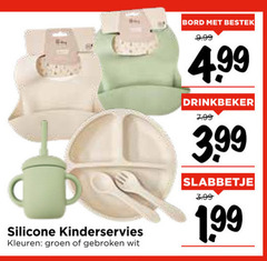  kinderservies silicone kleuren groen gebroken wit bord bestek drinkbeker 3.99 slabbetje 