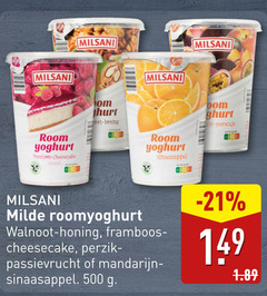  milsani vruchtenyoghurt 500 room yoghurt cheesecake honing sinaasappel maracuja milde roomyoghurt walnoot framboos perzik passievrucht 