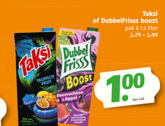  dubbelfrisss taksi fruitdrank 100 tropisch fruit dubbel frisss boost bosvruchten appel pak liter rijk verfrissend boordevol 