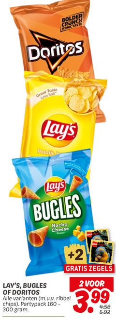  doritos lays chips zoutjes 2 160 300 crunch iconic taste less salt patatje bugles nacho cheese deka zegels ribbel partypack 3.99 