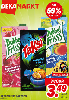  taksi dubbelfrisss fruitdrank 3 40 dubbel framboos cranberry appel verfrisser rijk vitamine zuivel pak liter tropisch fruit perzik 2 zegels 