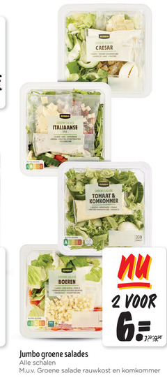  salade 2 6 330 nutri score jumbo groene italiaanse stijl slamix kaas komkommer paprika croutons pitten pestodressing caesar yoghurt caesardressing gekookt ei tomaat krulsla mosterd honingdressing boeren rode ui gebakken spekjes rozijnen walnoten kaasblokjes yoghurtdressing salades schalen rauwkost 