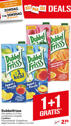  dubbelfrisss fruitdrank 1 2 26 28 100 let deals januari dubbel frisss appel perzik sinaasappel mandarijn verfrissend boordevol pakken 5 liter combineren 