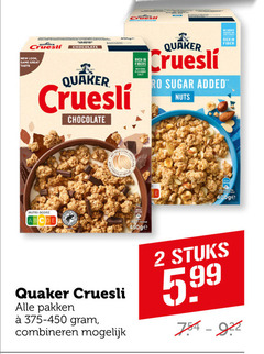  quaker cruesli 2 new same taste chocolate fibers sugar added nuts nutri score abc pakken combineren stuks 5.99 