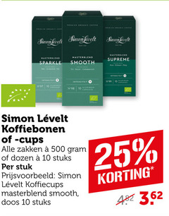  simon levelt koffiecups koffiebonen 2 9 10 11 25 500 premium organic coffee supreme sparkle smooth intensiteit aluminium capsules cups zakken dozen stuks stuk doos 