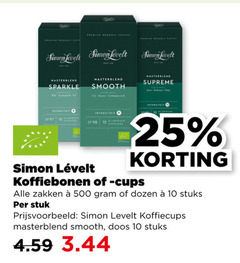  simon levelt koffiebonen koffiecups 10 11 25 500 organic coffee premium sparkle smooth intern intensiteit aluminium capsules supreme cups zakken dozen stuks stuk doos 