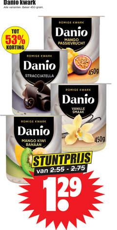  danone danio kwark 450 beker romige mango passievrucht stracciatella kiwi banaan vanille 