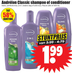  andrelon conditioner shampoo 1 2 250 300 classic glans krul dag anti roos flacon ml haartype zonnebloemolie meloen aloe vera 3.99 