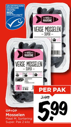  mosselen 2 gecertificeerd duurzame visserij www.msc.org nl vis marine verse gewicht maat sortering super pak kilo 5.99 