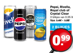  rivella pepsi royal club frisdrank cola 2 taste suiker roya koolzuur crystal clear tonic classic blikjes 0.25 original sprankelende zero sugar citroen 