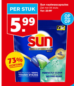  34 100 stuk 5 99 sun vaatwascapsules zak stuks brilliant shine all stain lift elle removes tough stains effective short eco bio technology perfectly clean with soak 