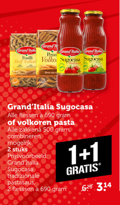  grand italia pasta pastasaus 1 2 500 fusilli volkoren penn sugocasa tradizionale prodotto italian flessen zakken combineren stuks 