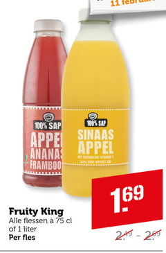  fruity king vruchtensap 1 11 100 sap ananas framboos sinaas appel natuurlijke vitamine puur geperst flessen liter fles 