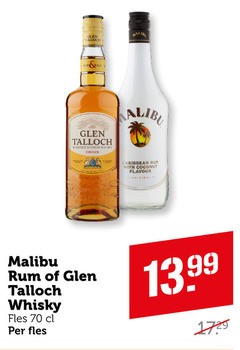  glen talloch malibu likeur whisky blended scotch choice caribbean rum with coconut flavour fles 