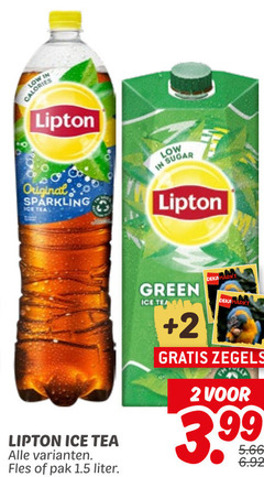  lipton ice tea 2 calories original sparkling sugar fles pak liter green teams zegels 3.99 