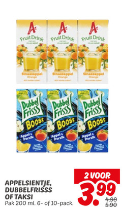  appelsientje dubbelfrisss taksi fruitdrank 2 10 200 fruit drink sinaasappel orange dubbel frisss boost appel perzik pak ml pack 3.99 