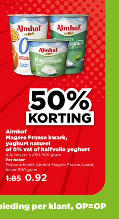  almhof kwark vruchtenyoghurt 30 50 500 perzik minder calorieen naturel hoog eiwit calcium milde yoghurt franse vet halfvolle bekers beker aanbieding 