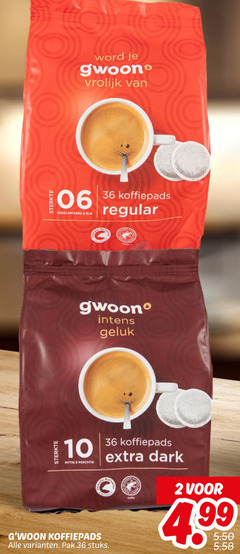  gwoon koffiepads 2 10 36 sterkte word vrolijk 06 rijk regular pittig dark activ pak stuks 4 99 