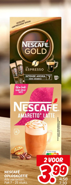  nescafe oploskoffie 2 7 8 25 100 gold new same taste dezelfde vertrouwde espresso intense aroma arabica amaretto latte pak stuks nutri score servie 3 99 