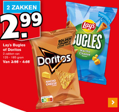  lays doritos chips zoutjes 2 zakken bugles 125-185 crunch iconic taste artificial aromas and without preservatives nacho cheese flavour nutri score corn snack 