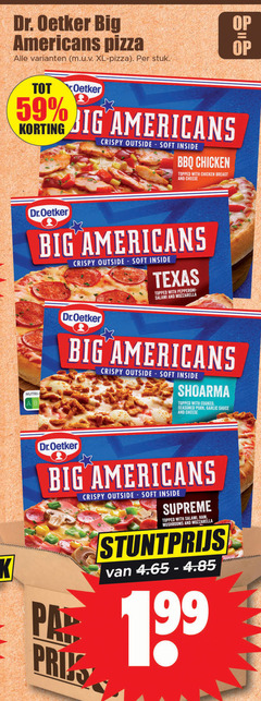  2 dr. oetker big americans pizza xl stuk crispy outside soft inside bbq chicken topped with breast and cheese dr.oetker texas salami mozzarella shoarma cooked seasoned garlic sauce supreme ham mushrooms 