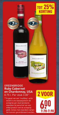  2 7 25 600 bridge hamersma greenbridge ruby cabernet california chardonnay usa l stuk geval actieprijs berekend aanschaf enkel meerdere gecombineerd 